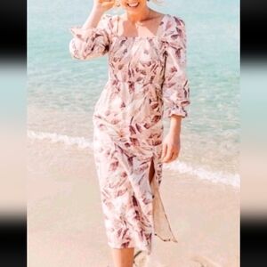 House of Harlow 1960 Linen Smocked Midi Dress Women's Medium Bishop Sleeve Palm